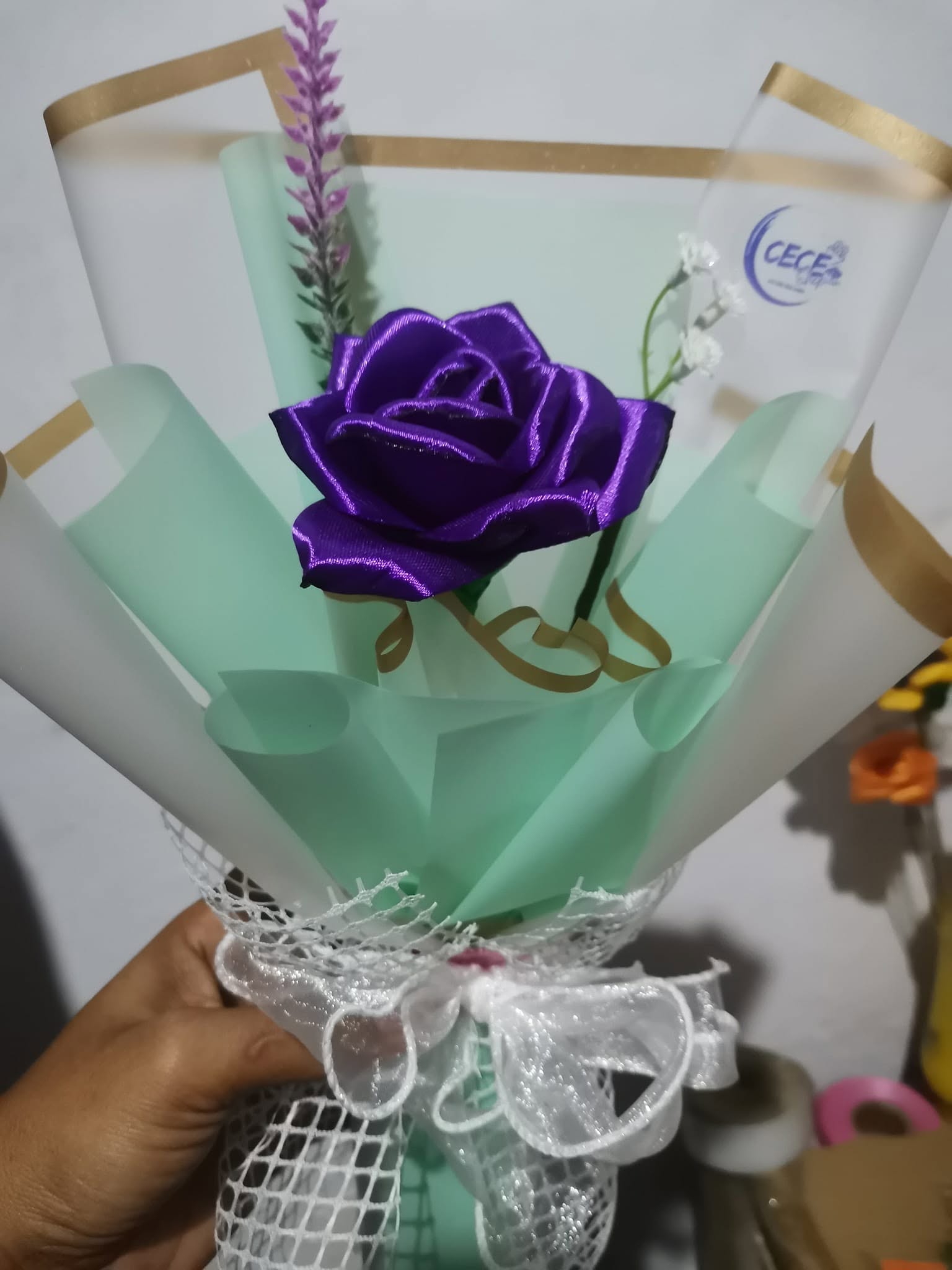 Purple satin rose bouquet